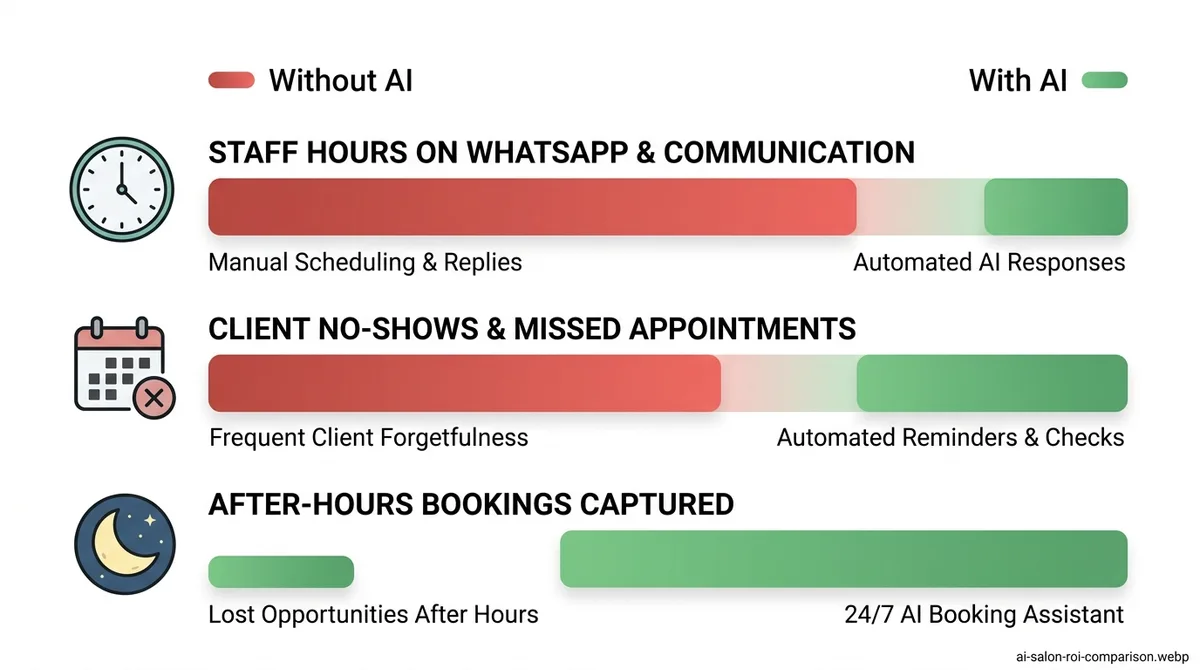 Comparison of salon operations without AI versus with AI: staff hours, no-shows, and after-hours bookings captured