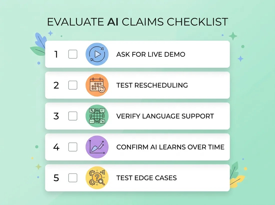 Checklist for evaluating AI claims in salon software: live demo, test rescheduling, verify language support, confirm learning, test edge cases