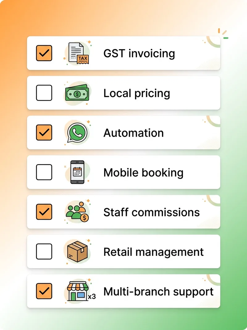 Checklist of what Indian salon software needs: GST invoicing, local pricing, automation, mobile booking, staff commissions, retail management, multi-branch support