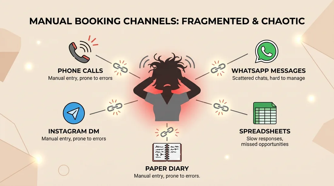 Manual salon booking channels are fragmented and chaotic: phone calls, WhatsApp, Instagram DMs, spreadsheets, and a paper diary
