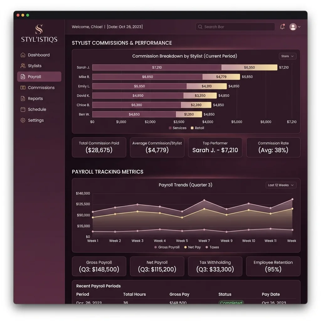 Automated stylist commission tracking and payroll metrics dashboard