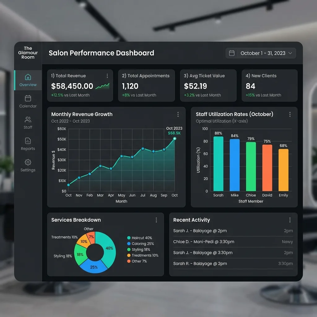 Salon business performance metrics and revenue growth dashboard