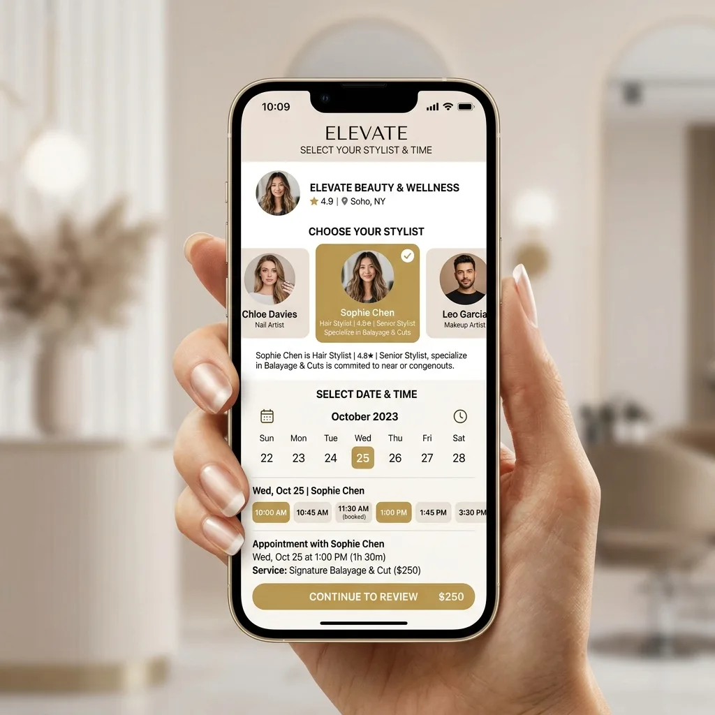 Client interface showing easy calendar slot selection on mobile booking app