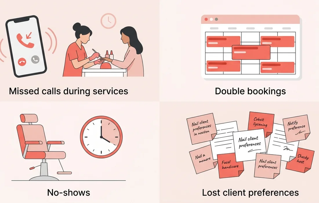 Common nail salon problems without software: missed calls, double bookings, no-shows, lost client preferences