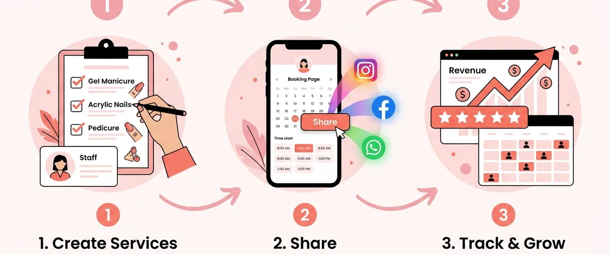 3-step process to set up Blyssbook nail salon booking software: add services, share booking link, manage and grow